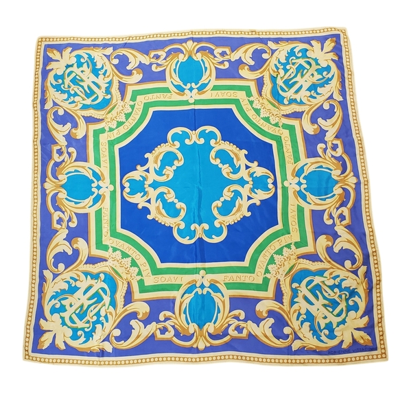 Vntg Adrienne Vittadini Blue and Gold Scarf. 100% Silk. 34.5" x 34.5" - Picture 4 of 7